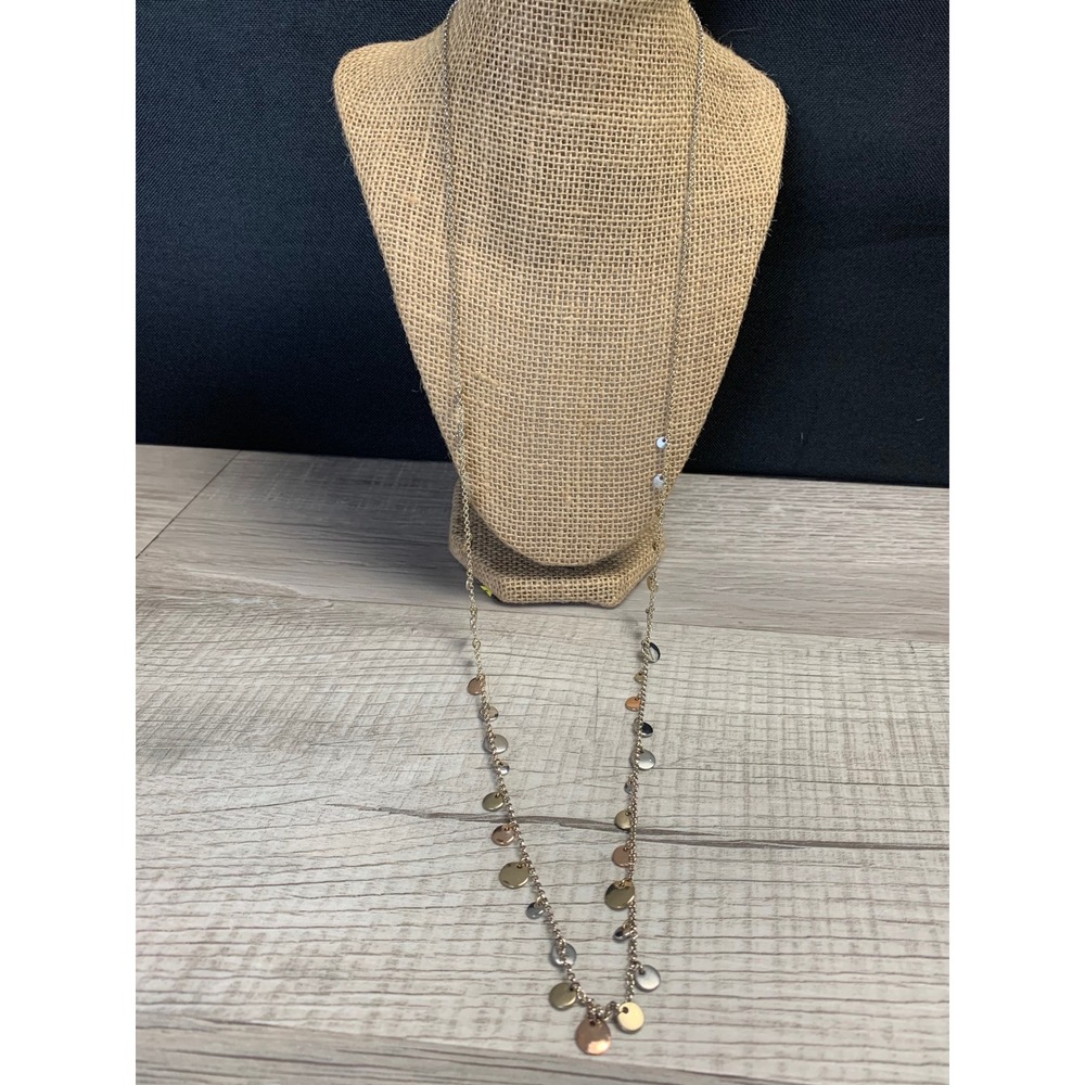 Tricolor Mixed Metal Coin Station Long Necklace Silver Gold Rose Gold 34 Inch